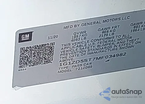 2021 Chevrolet Malibu Fwd Lt from USA, damaged, VIN 1G1ZD5ST7MF034982